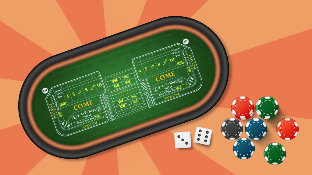 A craps game layout is to the left of two dice and various betting chips laid out on a peach and orange burst-style background.
