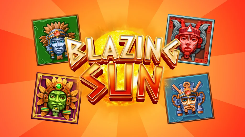 A yellow, fiery sun burns behind text that reads, “Blazing Sun.” Four ancient Aztec symbols surround the text. 