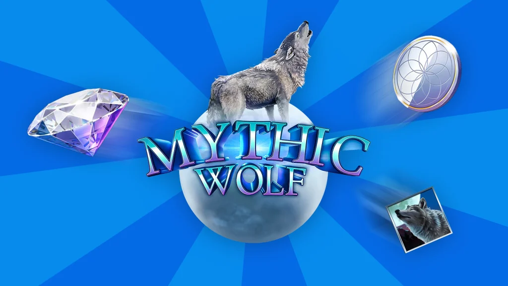 A grey wolf stands on a full moon and howls toward the sky with slot symbols surrounding it and all on a blue background.