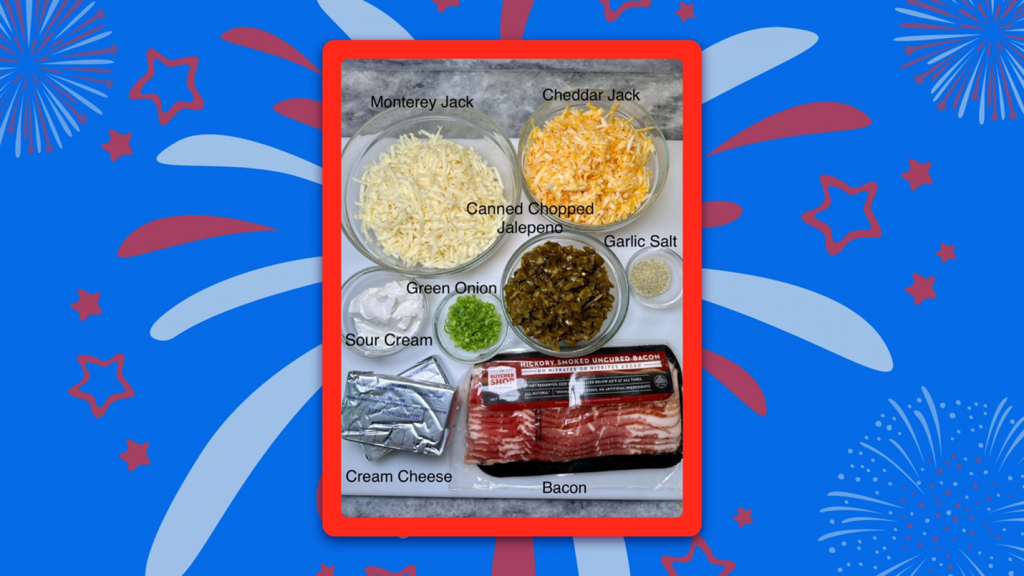 Assorted ingredients laid out against a Blue background with red and white fireworks bursting in