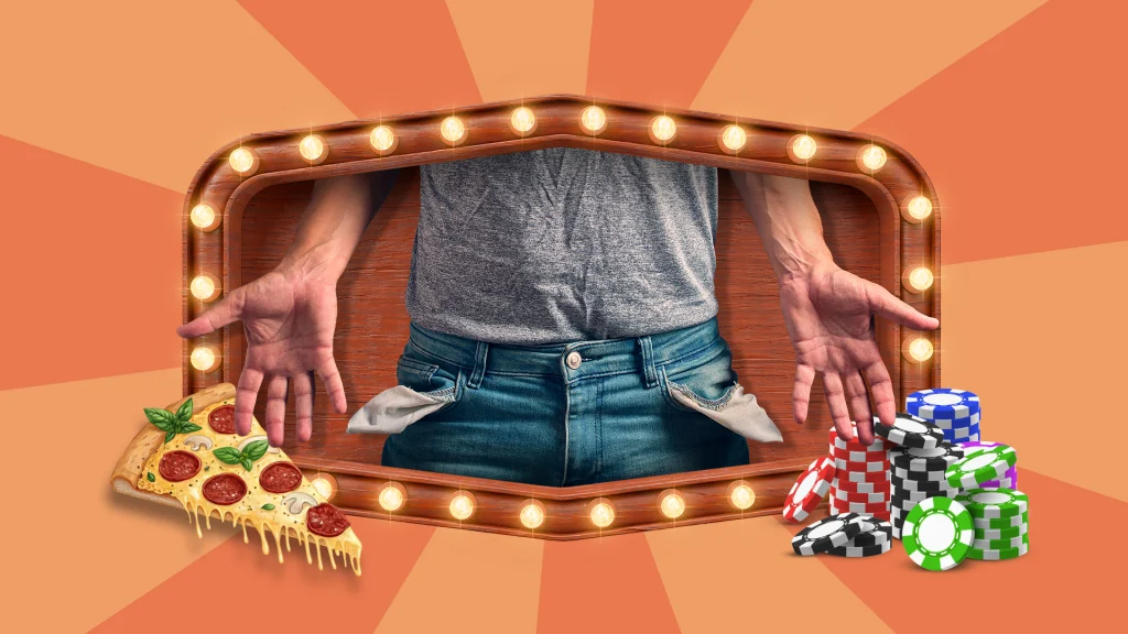 Betting chips and a slice of pepperoni pizza are on either side of a window of neon lights. A man stands within the window, presenting the items, and it’s all set against a multi-toned peach background.