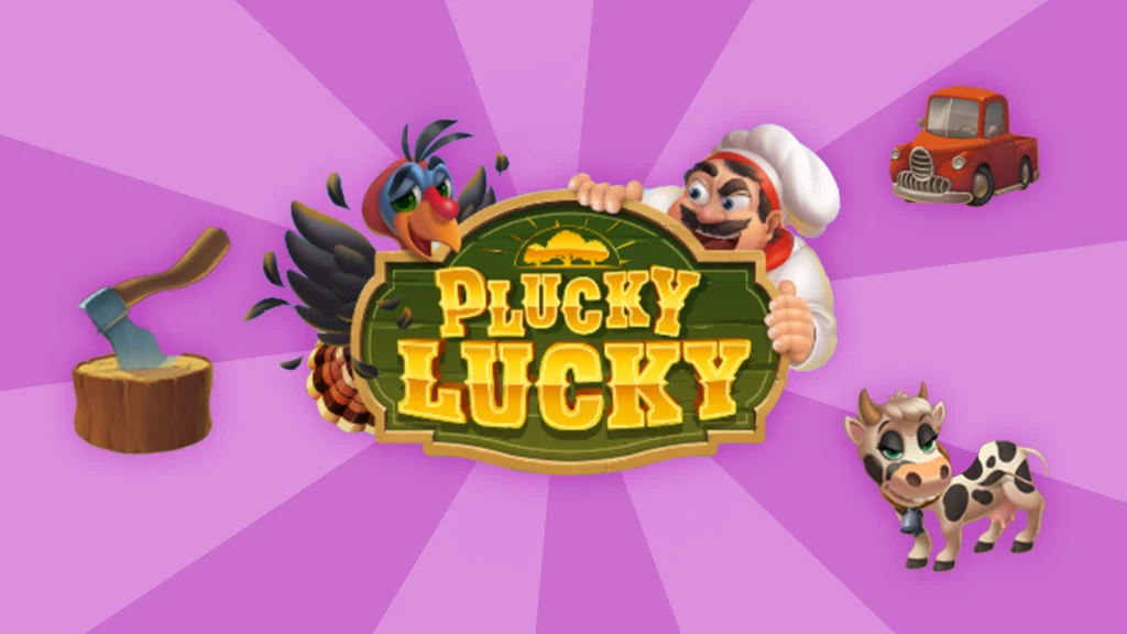 Animated turkey and chef character peeking over the Plucky Lucky game logo, with cartoon farm-themed items like a cow, axe, and red truck on a purple backdrop