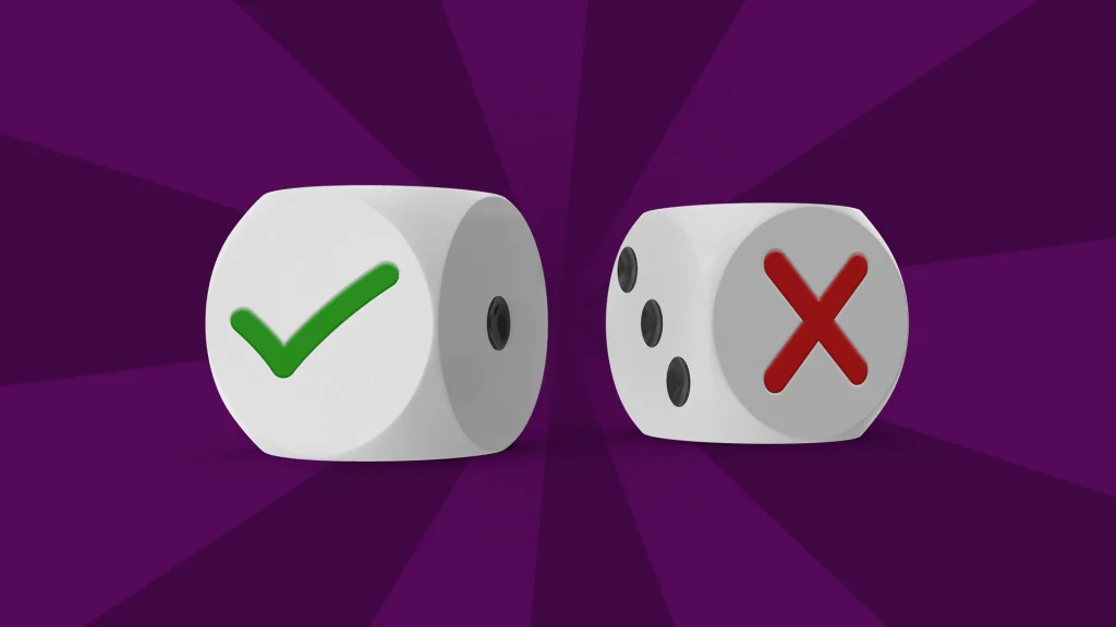 A dice with a green check mark and another dice with a red cross feature on a purple background