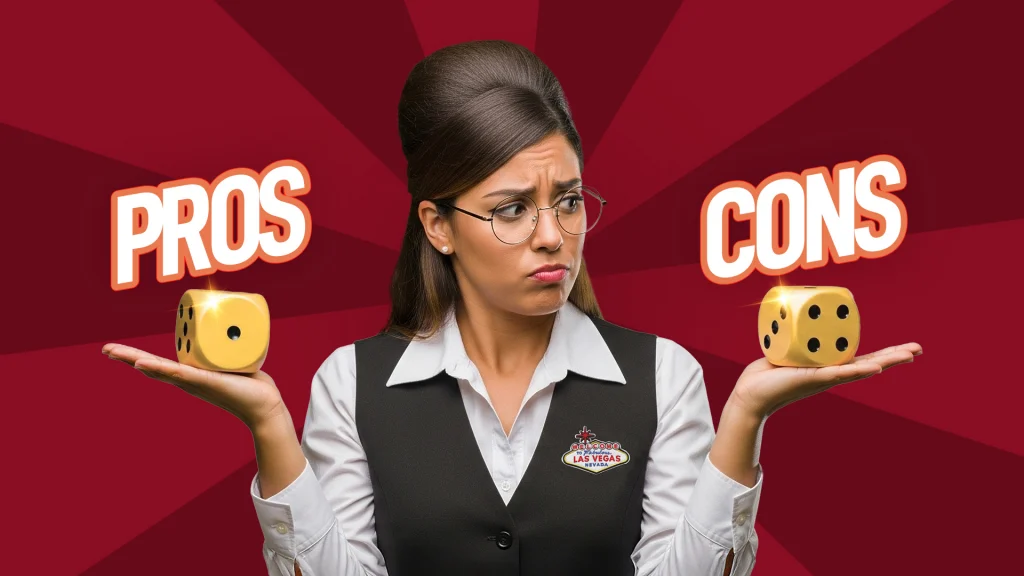 There’s a dealer holding two gold dice in either hand. Her left hand says “PROS,” and her right hand shows “CONS.”