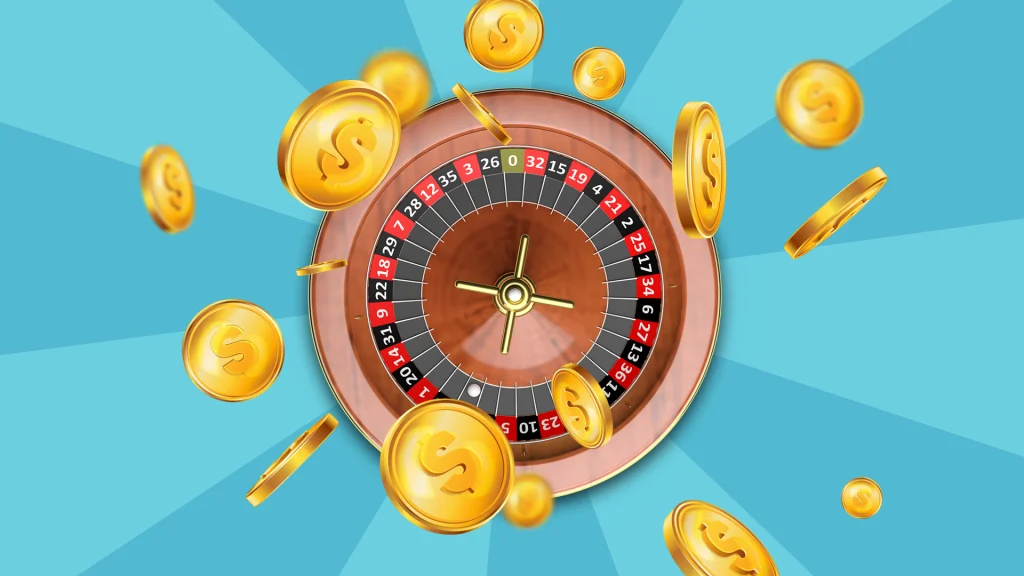 On a sky-blue background, gold chips surround a European roulette wheel. 