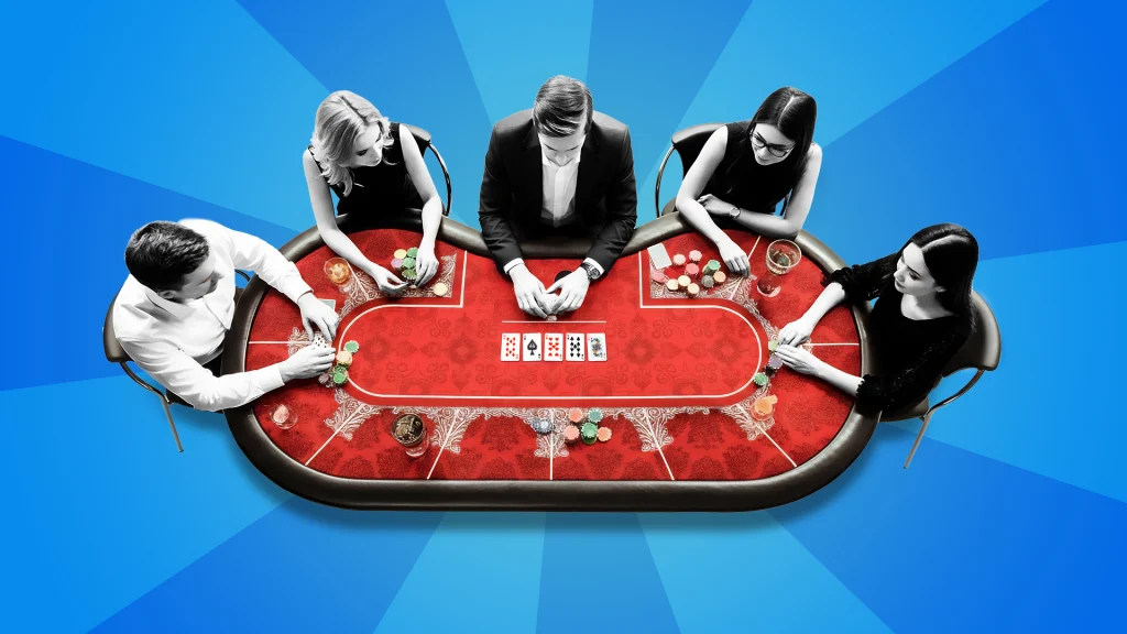 Five poker players in black and white surround a red table on a blue background, playing poker. 