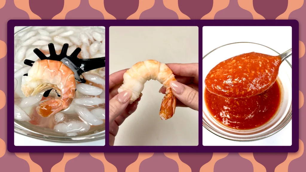 Three images side by side of the progress of the Shrimp Cocktail Recipe, including on the left, the shrimp in a bowl of ice; in the middle, Chef Genevieve’s hand holding one shrimp; and right, a small glass bowl with shrimp cocktail sauce and a spoon.