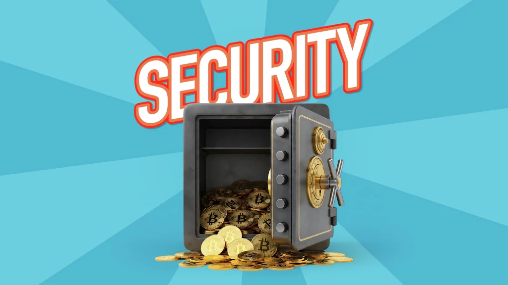 A safe is open with gold Bitcoins falling out on a light blue background. Above them, the word “Security” is written in white block letters with an orange border. 