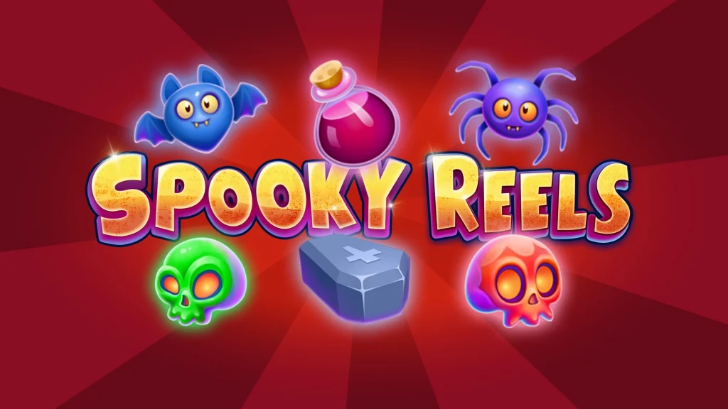 A bat, a spider, two skulls, a coffin, and a poison bottle surround yellow text that says, “Spooky Reels” on a dark red background. 
