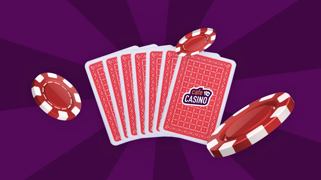 Seven red playing cards appear face-down in the middle of three red betting chips on a dark purple background. 