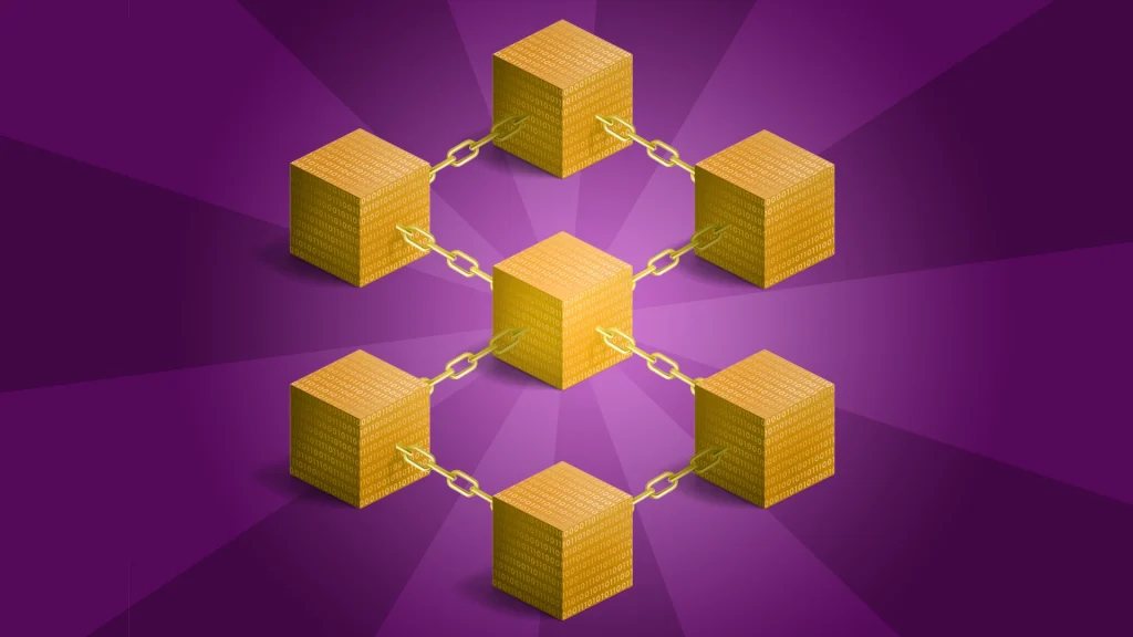 Seven blocks are in a circular formation on a dark purple background, connected by a chain, representing the cryptocurrency blockchain. 