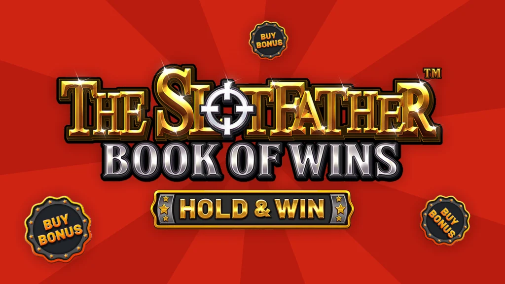 In a red image, the game name, “Slotfather Book of Wins,” is displayed in the center with various “Buy Bonus” symbols surrounding it.