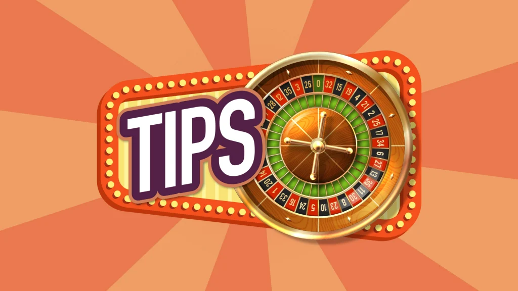A roulette wheel is to the left of white text that says, “TIPS.” A rectangle of yellow neon lights surrounds them, and it’s all displayed over a peach radial burst background.  