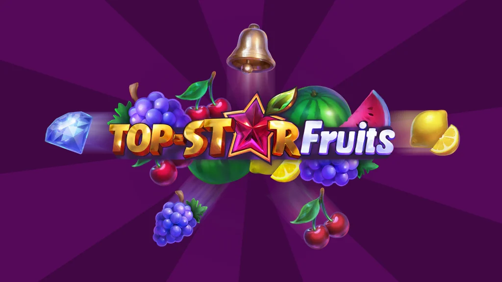 The game’s name “Top Star Fruits” is shown over a pile of berries, a diamond, and a bell, and it’s all on a dark purple background. 