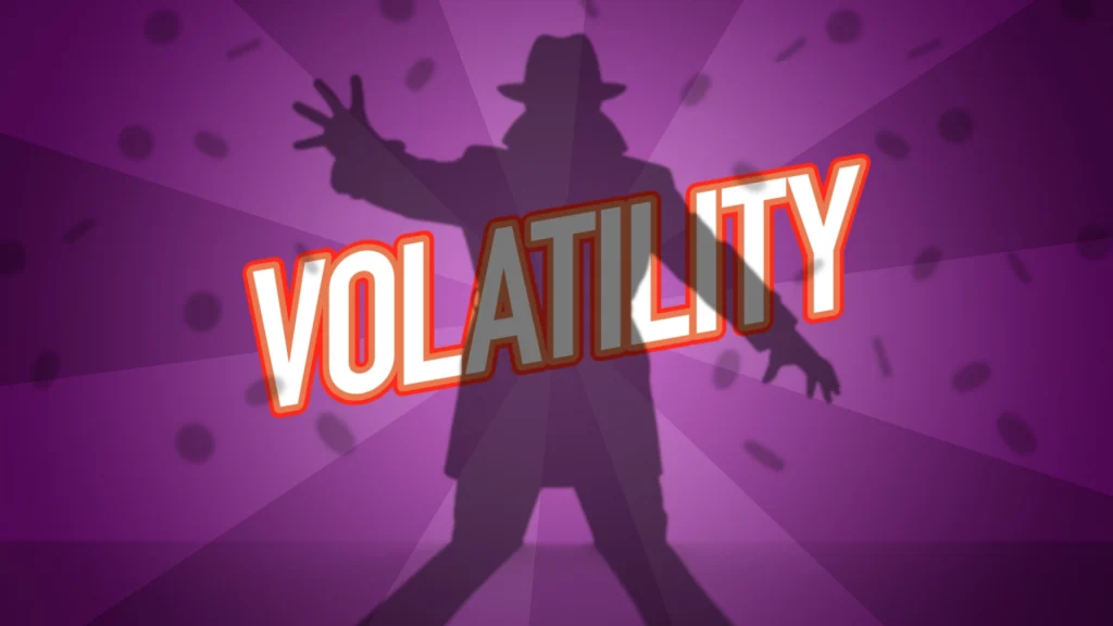 White and red text reads “Volatility” on a purple background, with a shadow of a man in a top hat, reaching forward and surrounded by floating coins. 