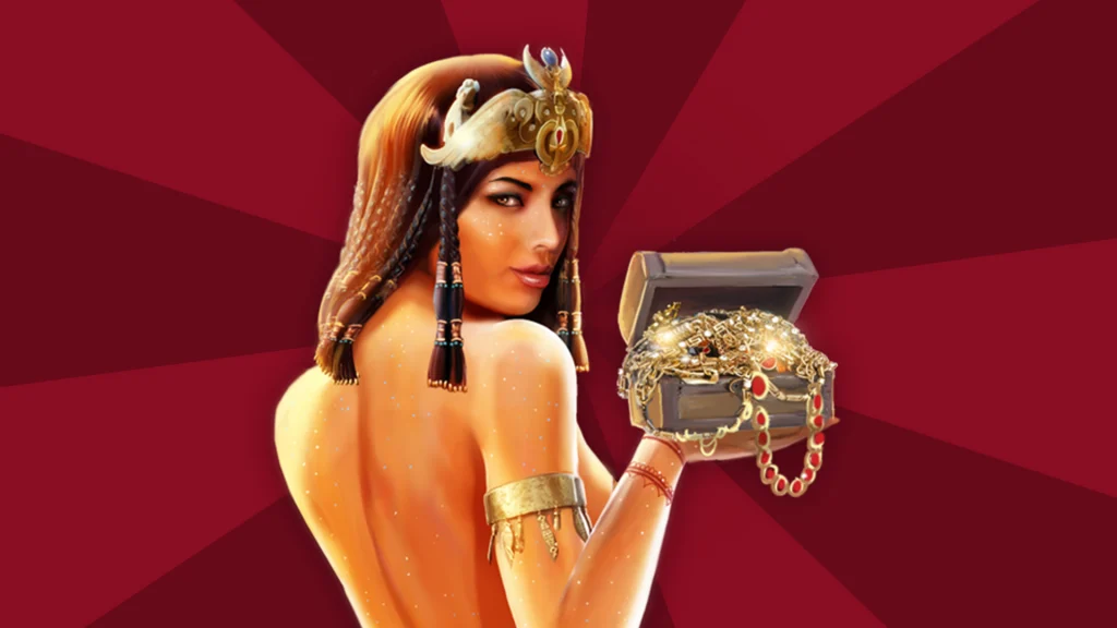 Cleopatra stands with her back facing us in a red image and glances temptingly toward the front, holding a treasure chest in her right hand that’s overflowing with gold and jewels. 