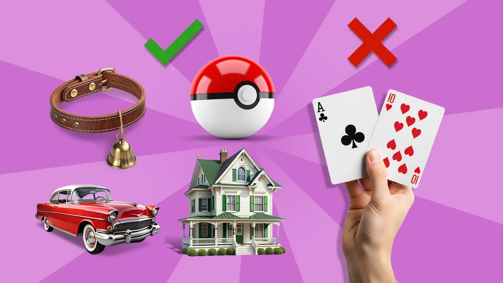 A belt with a bell, red convertible, pokemon ball, hand of blackjack, and a house are displayed on a light purple background. 