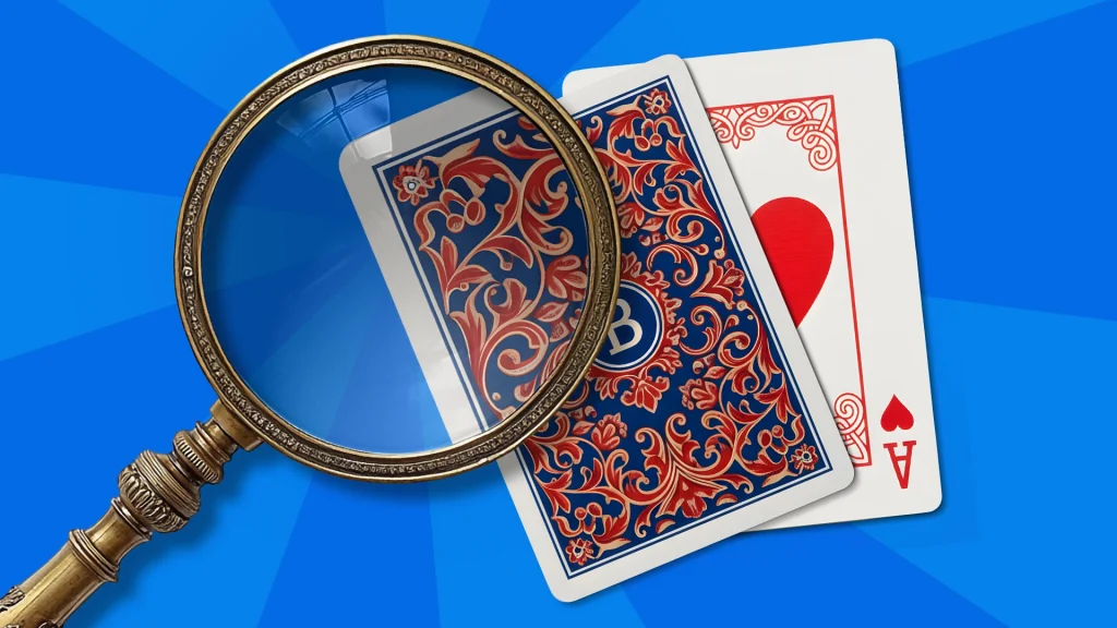 On a bright blue background, a magnifying glass highlights a section of a face-down playing card, which is placed above another face-up card. 