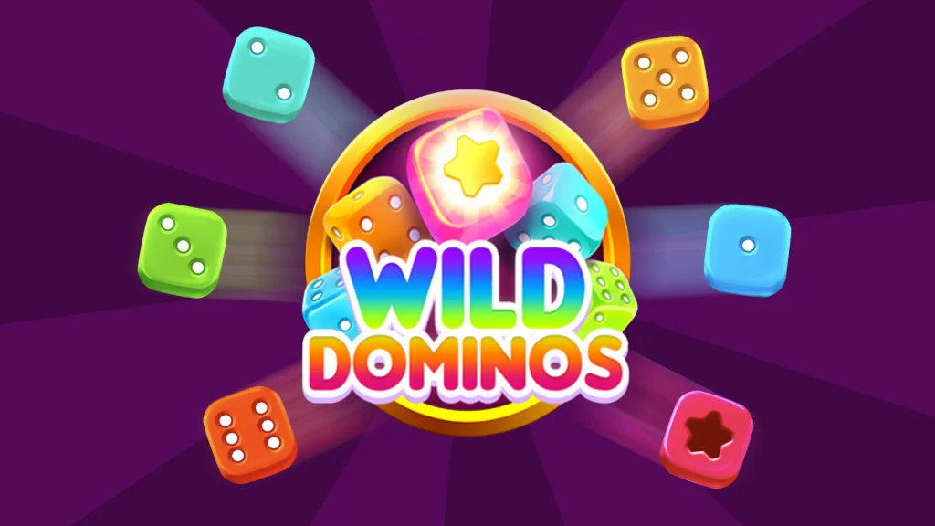 On a dark purple background, six pastel and neon dice surround a pile of dice in the center with rainbow letters that say, “Wild Dominos.”