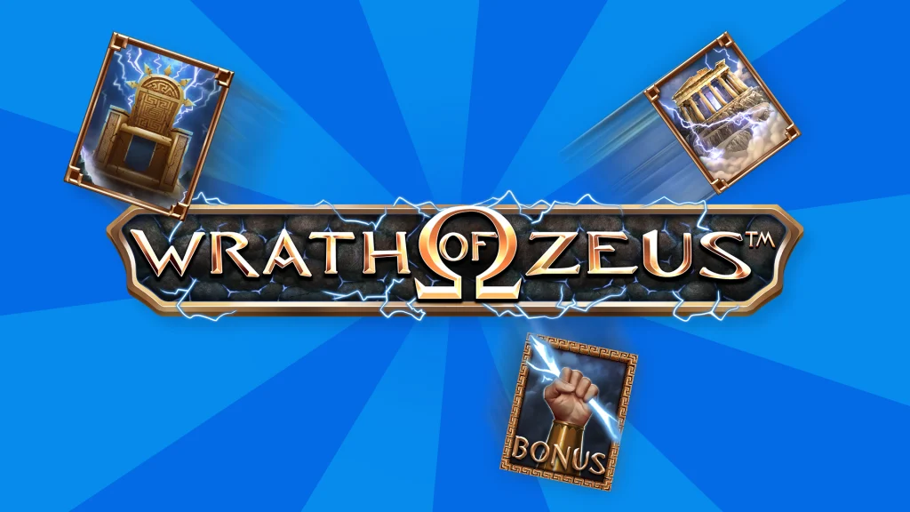 Lightning bolts on a blue background strike a black sign that says, “Wrath of Zeus,” and three symbols of Mount Olympus surround it.