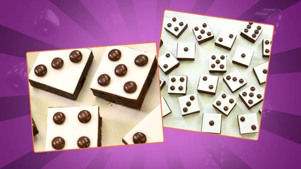 Dice brownies are shown over two images with a purple background
