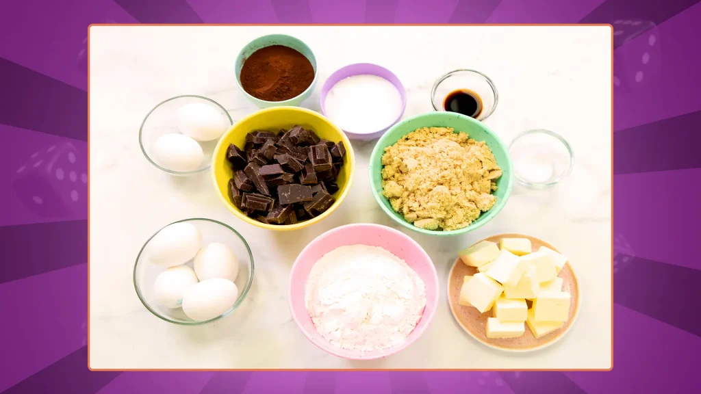 Brownie ingredients are laid out in bowls