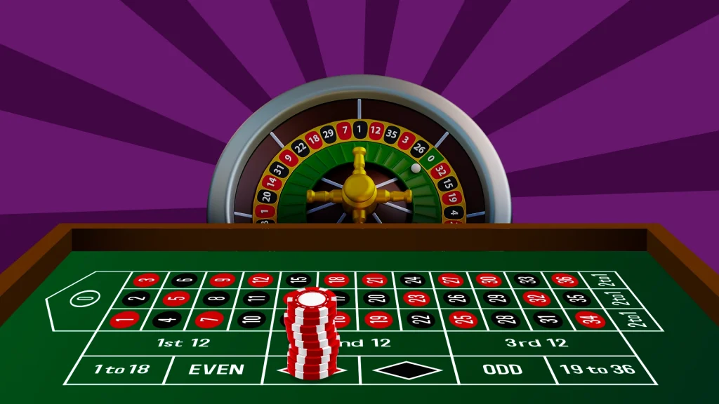 Stack of red and white chips placed on a roulette table with the wheel in the background.