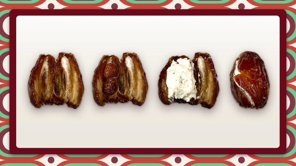 Dates in 4 stages of the bacon-wrapped dates recipe.